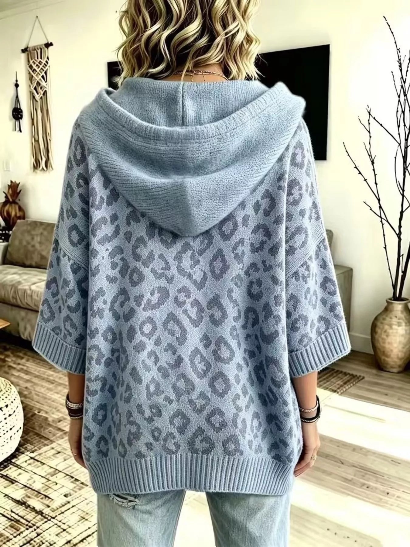 Trendsi Drawstring Leopard Hooded Sweater -
