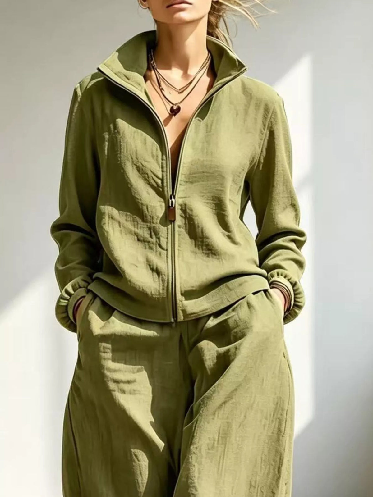 Jacket and pants set, olive jacket detail
