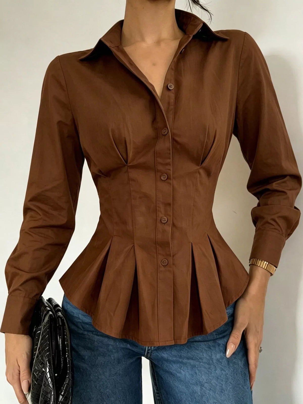 Button-Down Peplum Blouse with Fitted Waist, front view