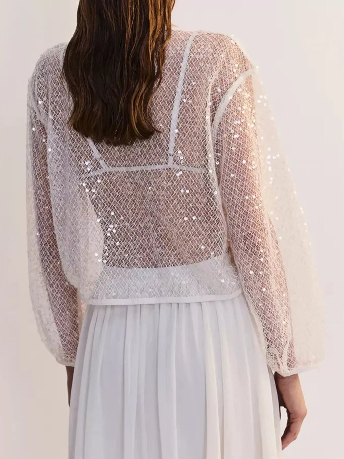 Sheer Sequin Embellished Mesh Beach Cover Up Top, back view