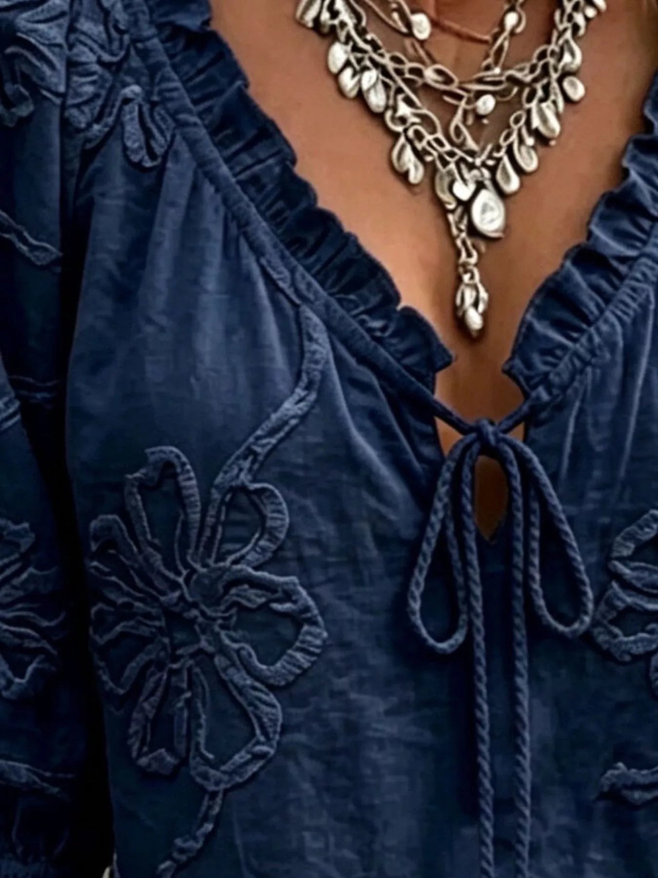 Trendsi Full Size Flower Tie Front 3/4 Sleeve Blouse Plus Size -
