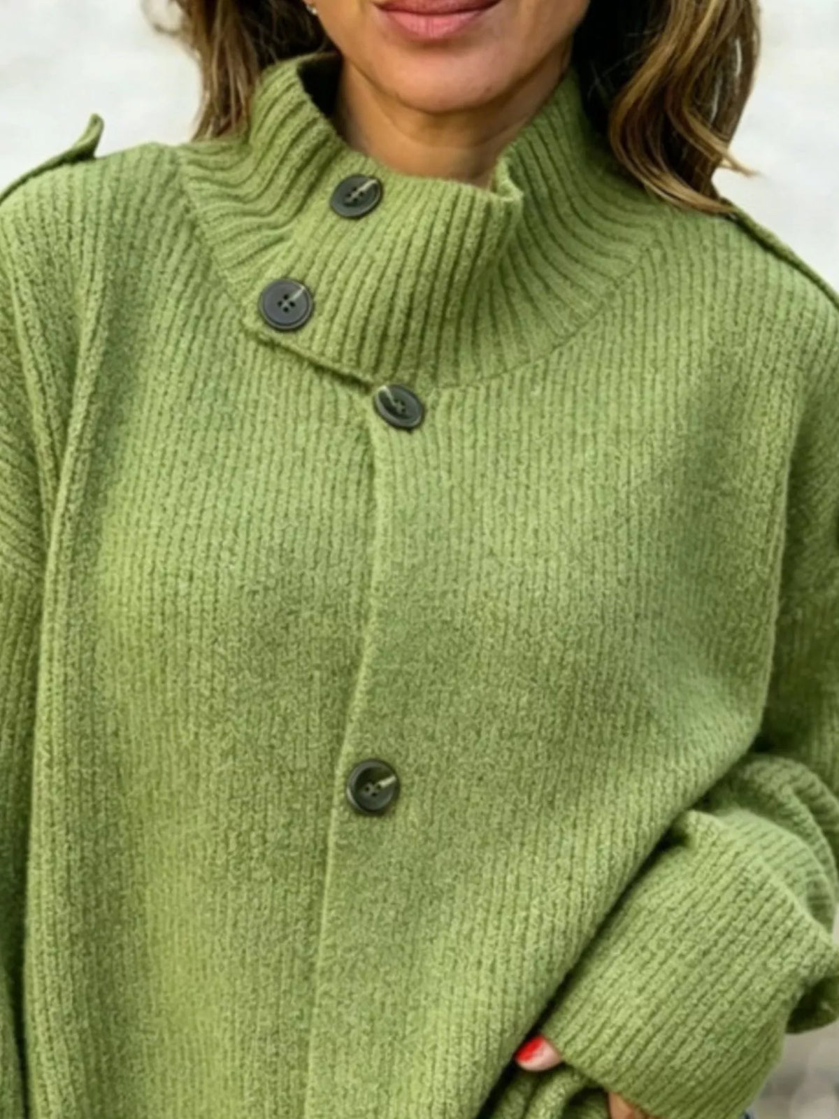 Mock neck long sleeve cardigan, construction and design details