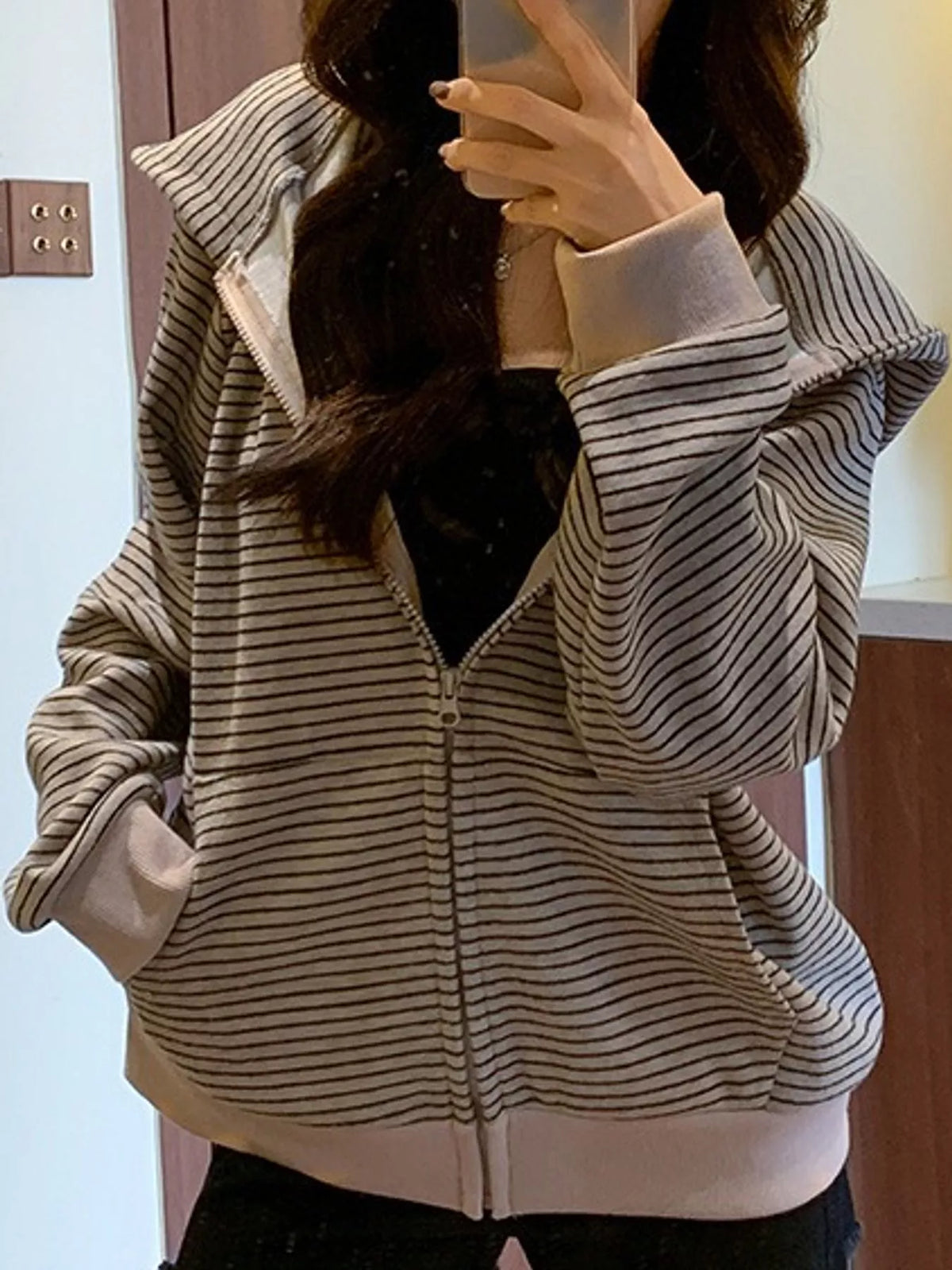 Cream and gray striped zip-up hoodie