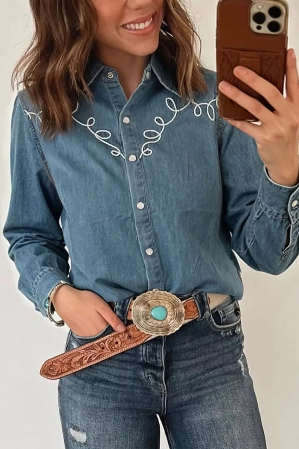 Trendsi Embroidered Western Denim Top -