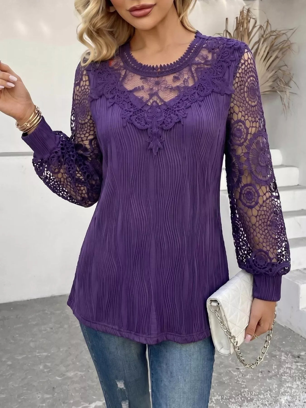 Lace patchwork long sleeve blouse