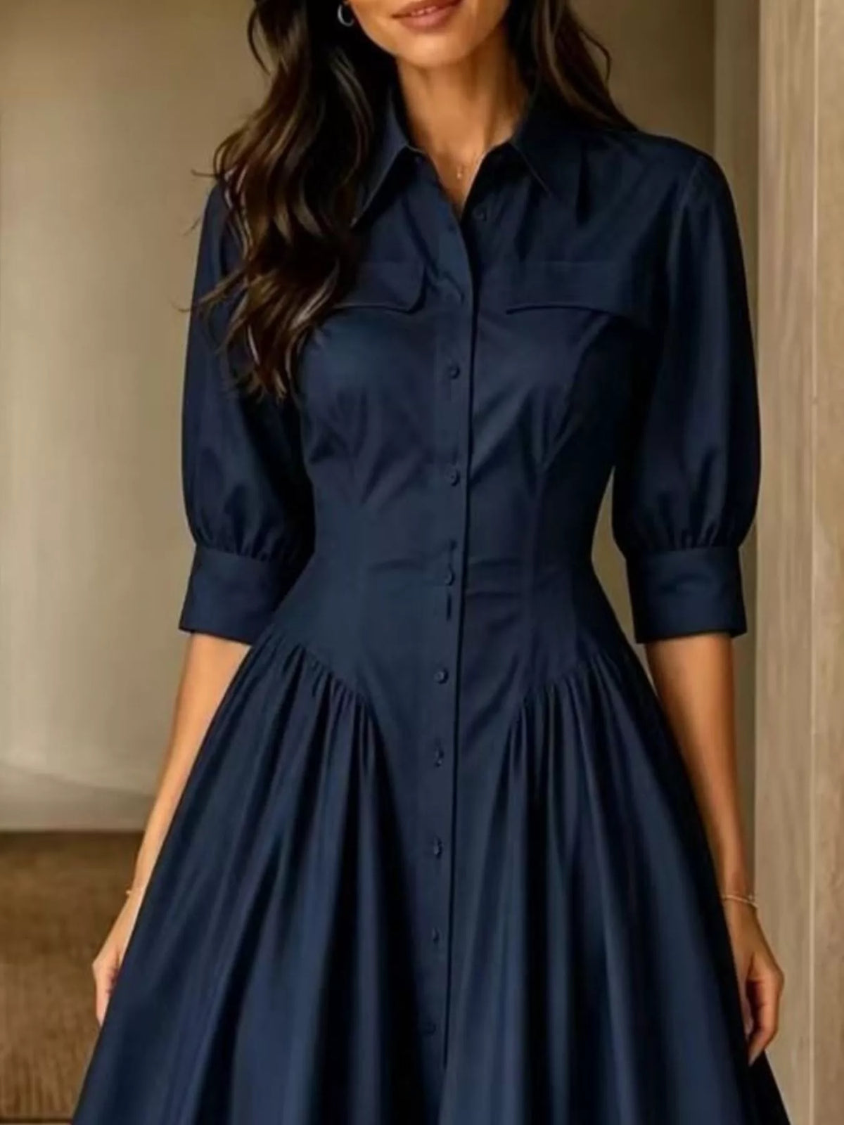 Button-Down Shirt Dress with Cinched Waist, bodice detail