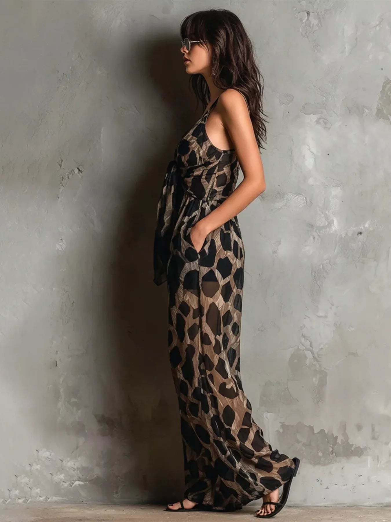 Trendsi Leopard Front Tie Detail Wide-Leg Jumpsuit -