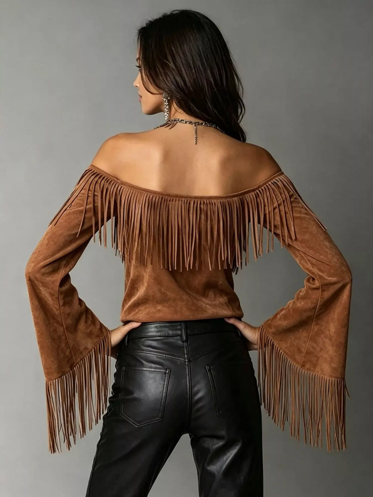 Off-shoulder faux suede fringe top in brown, back view
