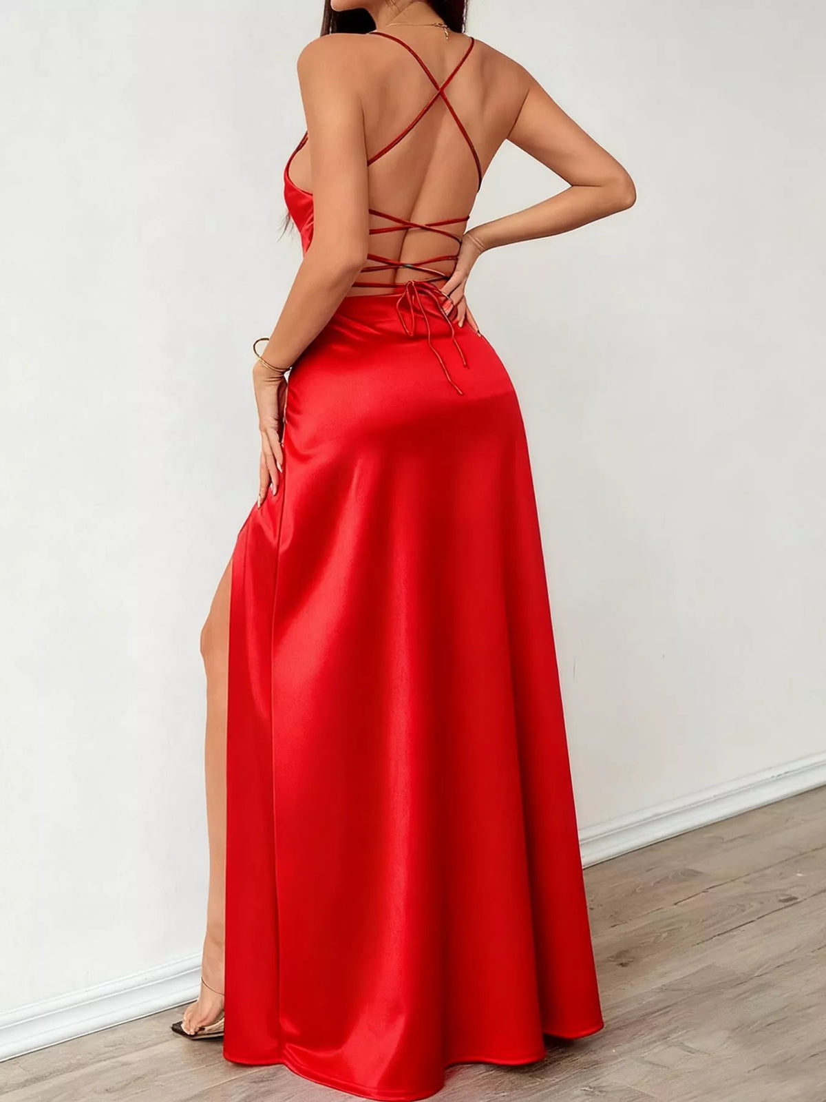 Lace-Up Back Slit Maxi Dress — back view
