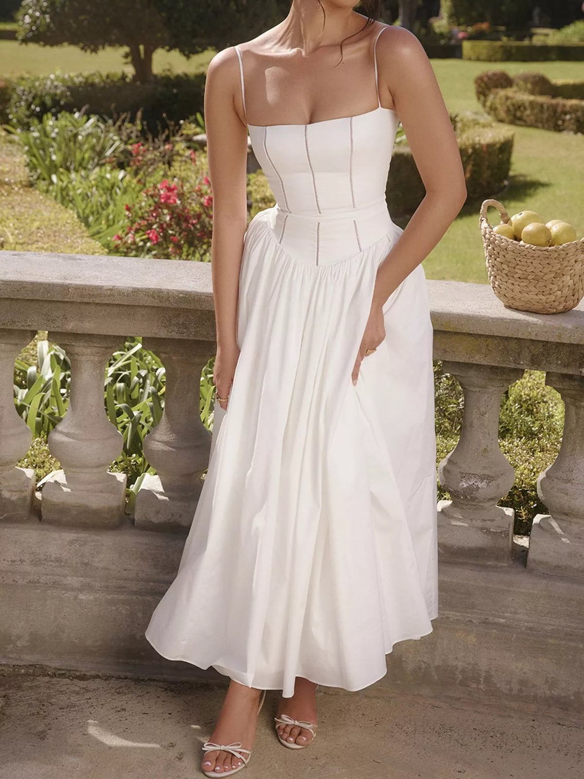 Women's Paneled Bodice Gathered Midi Dress in white — front view