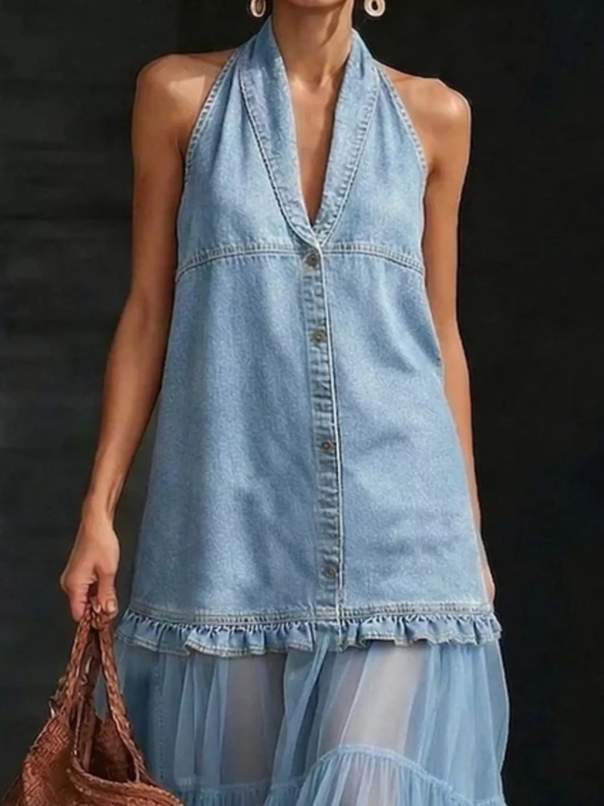 Light blue halter neck dress with tulle ruffle hem — design and construction details