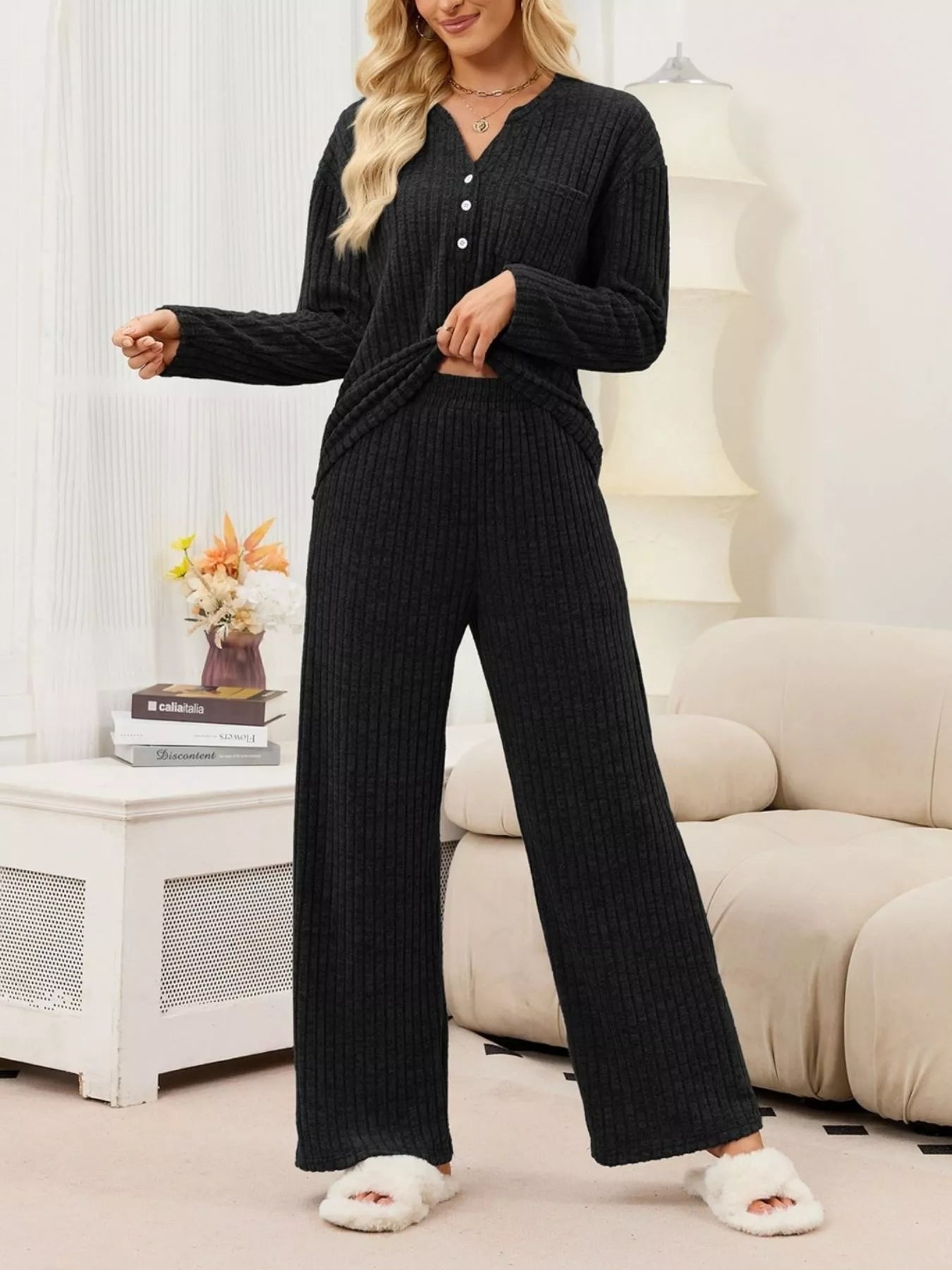 Trendsi Ribbed Knit Top and Wide-Leg Pants Set -
