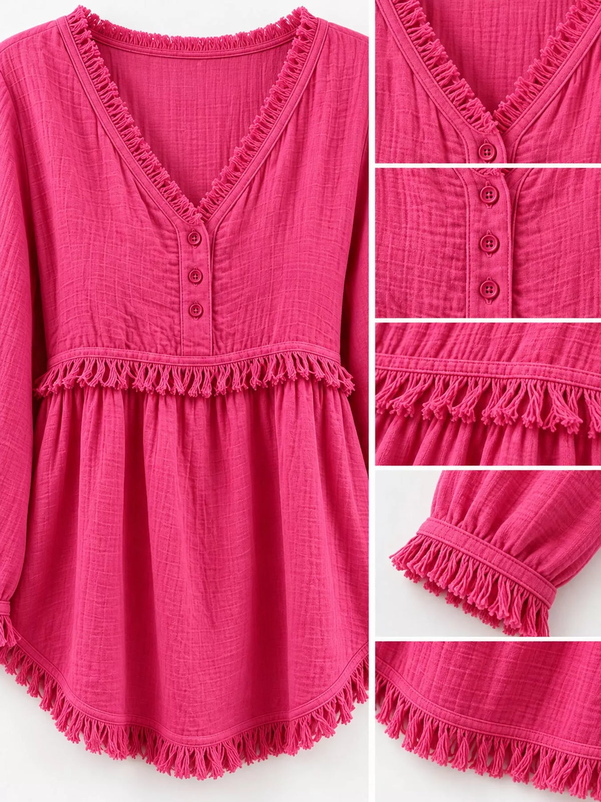 Fringe-trim blouse, pink neckline and hem detail