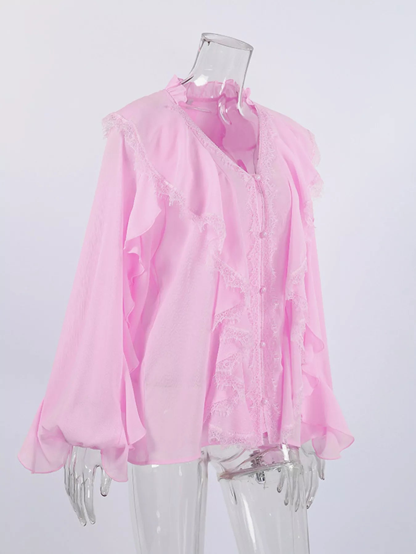 Trendsi V-Neck Ruffled Lace Trim Blouse -