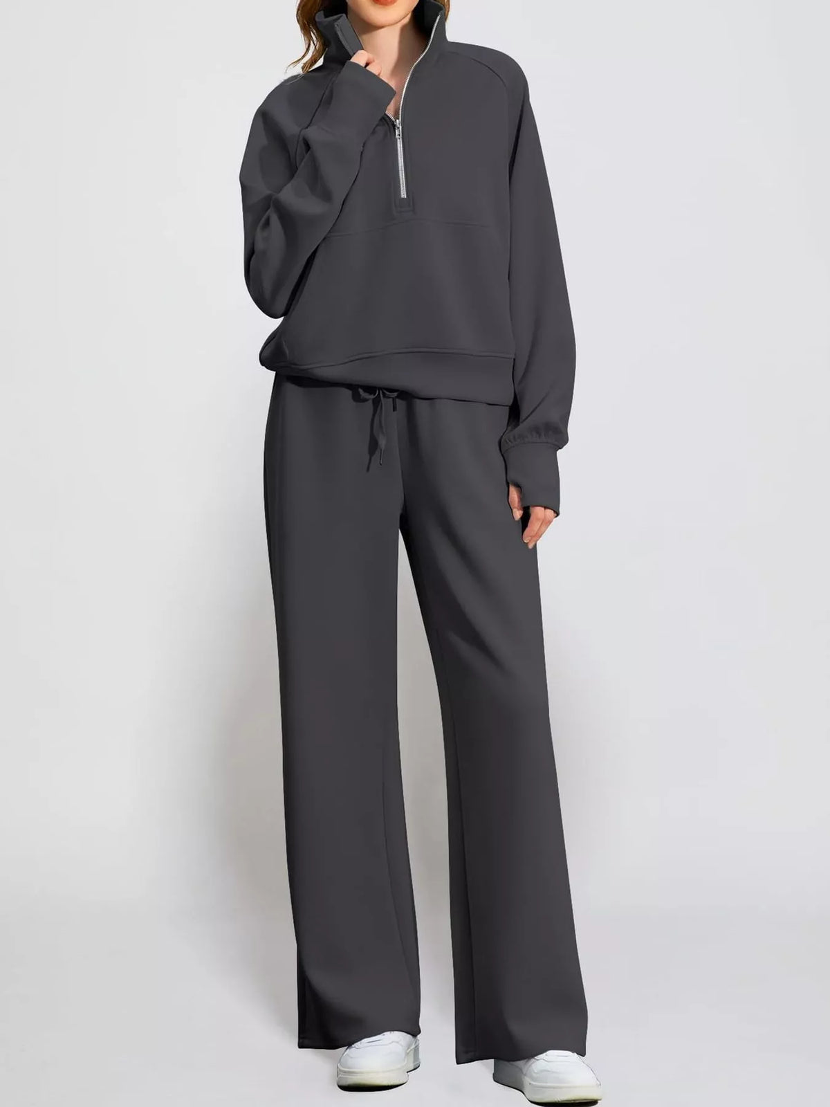 Half-zip top and pants set, charcoal relaxed front