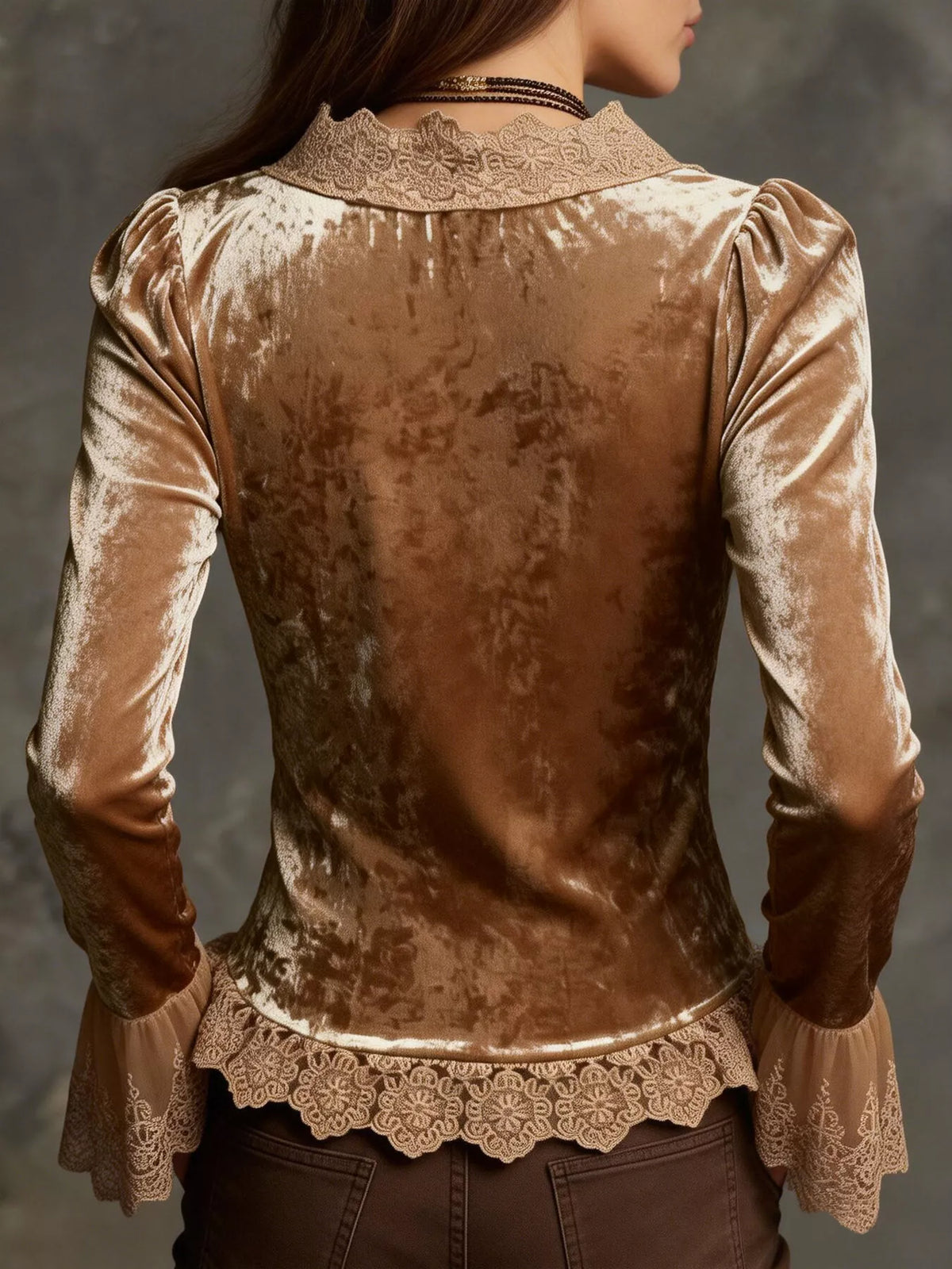 Brown ruched lace-trim V-neck top, back view