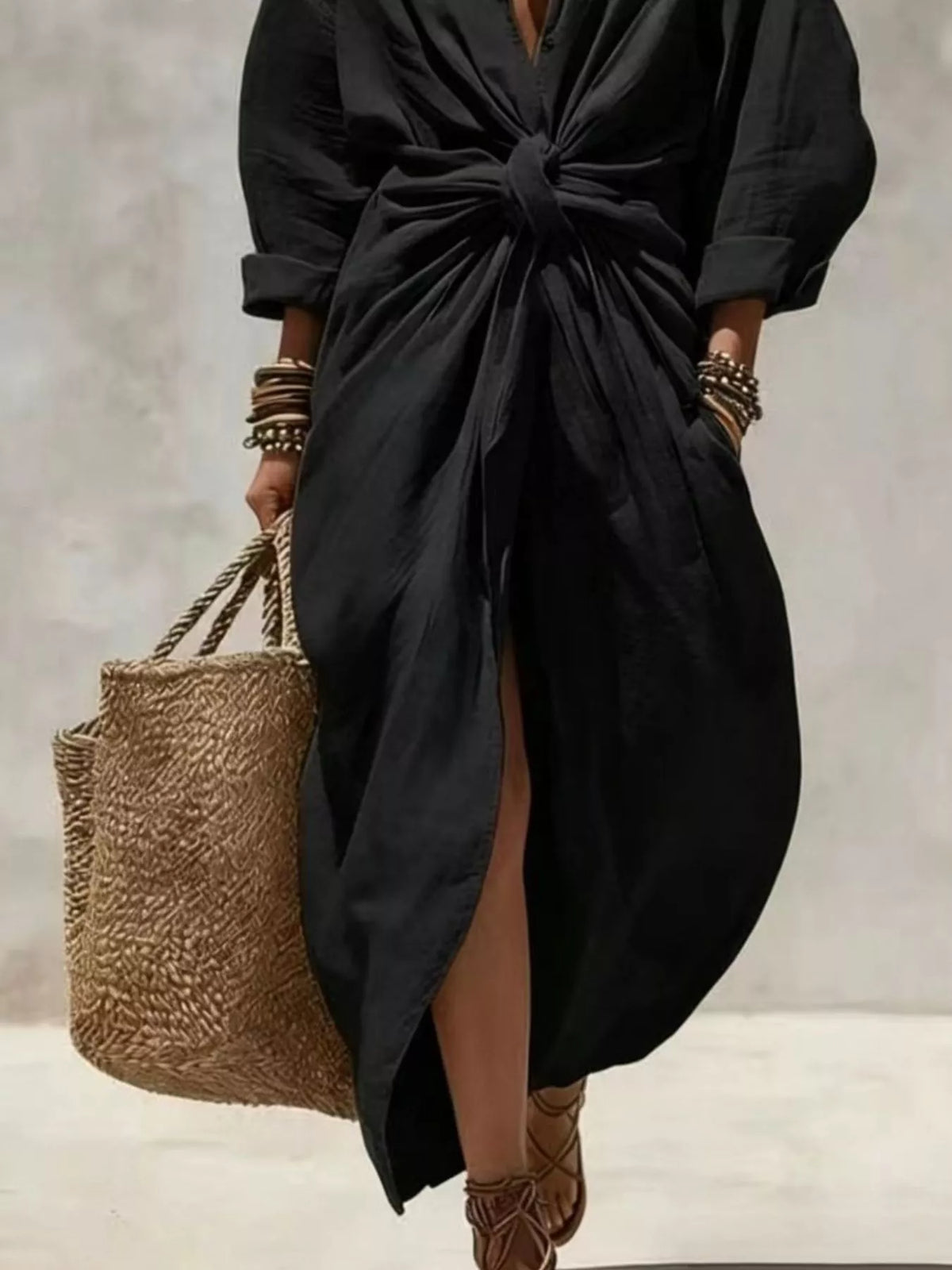Trendsi Front-Tie Maxi Shirt Dress -