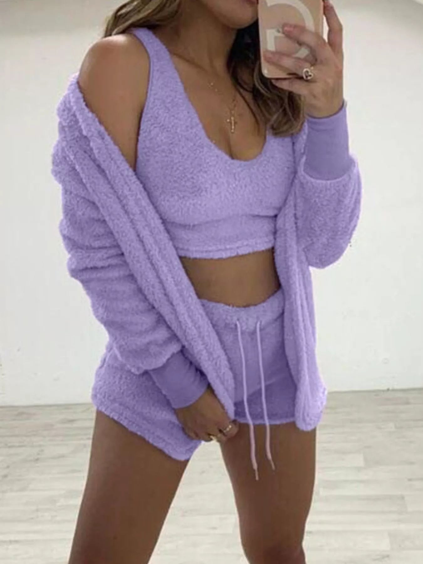 Trendsi Full Size Fuzzy Tank & Cardigan and Shorts Three-Piece Set Plus Size -