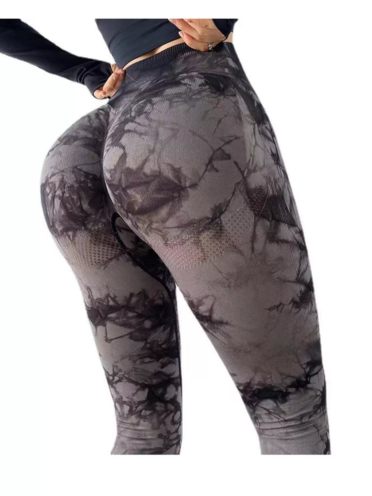 Gray high-waisted tie dye seamless active leggings, back view
