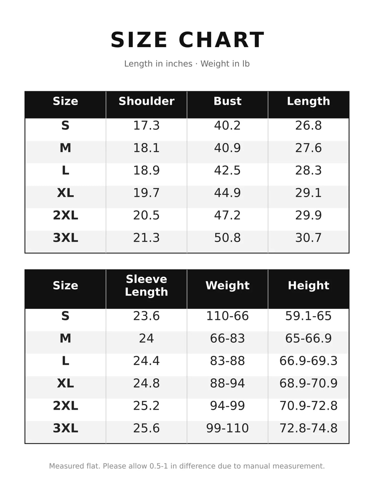 Size chart for women's zip-up dropped shoulder hoodie