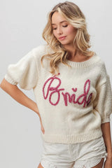 Trendsi BiBi Metallic Letter Short Puff Sleeve Hairy Sweater -