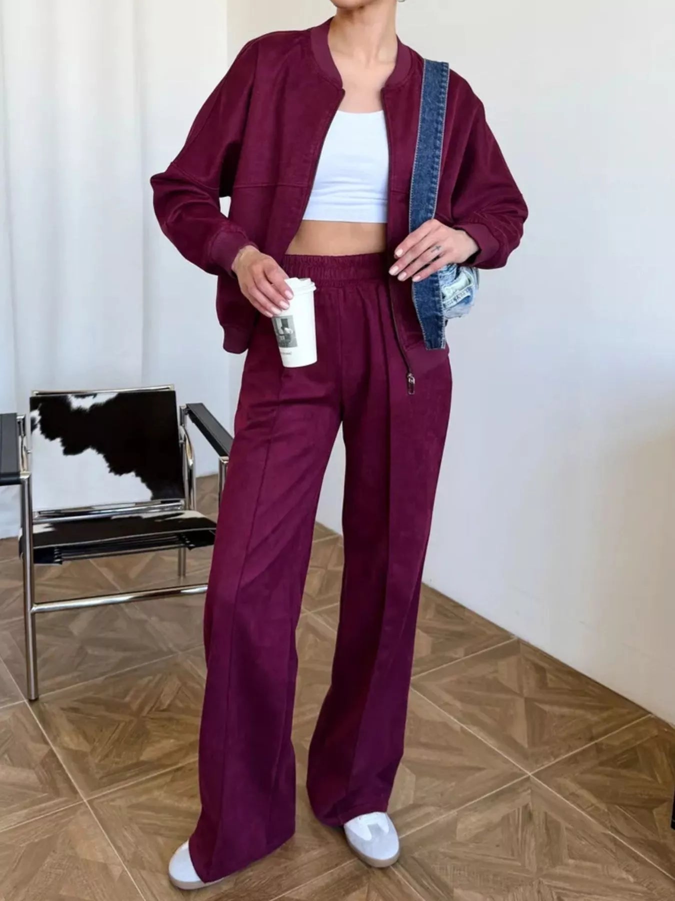 Trendsi Zip Up Sweatshirt and Wide-Leg Pants Set -