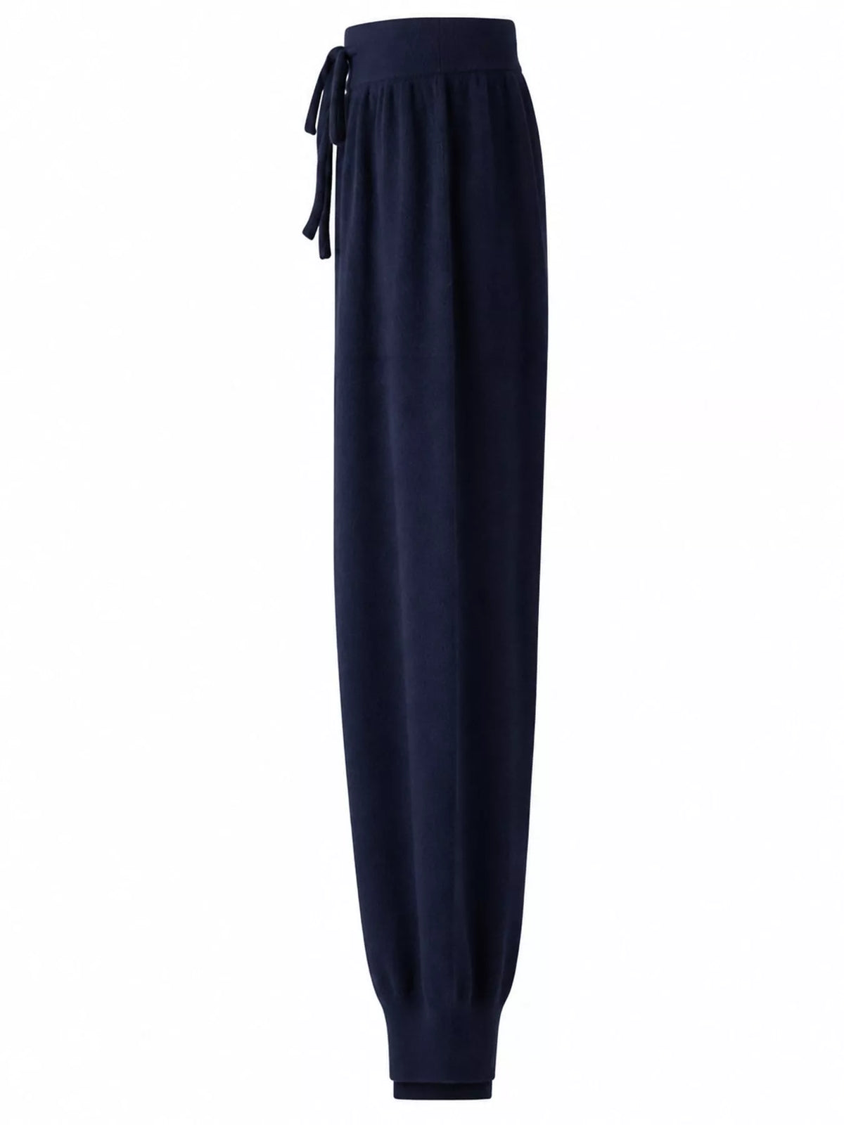 Navy high-waisted drawstring wool knit pants, side view