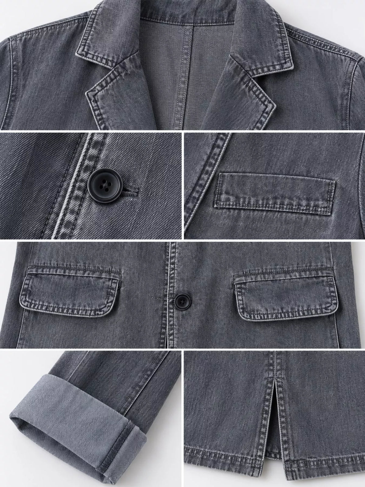Lapel Collar Long Sleeve Denim Blazer, detail view in gray