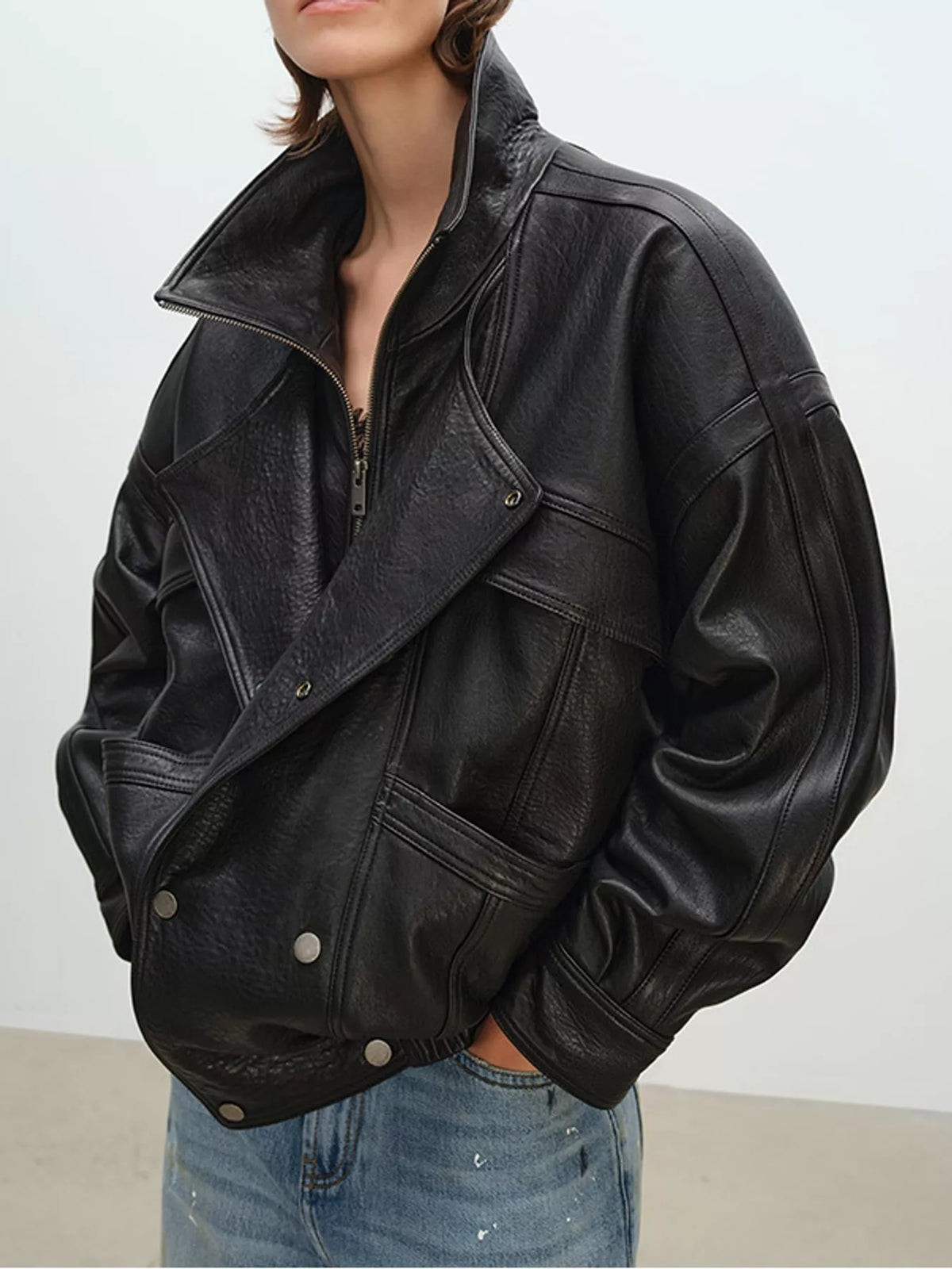 Snap Down Leather Jacket in black, front view