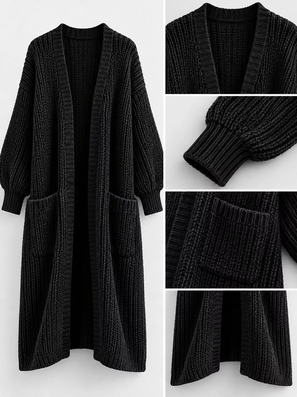 Longline knit cardigan, black detail collage