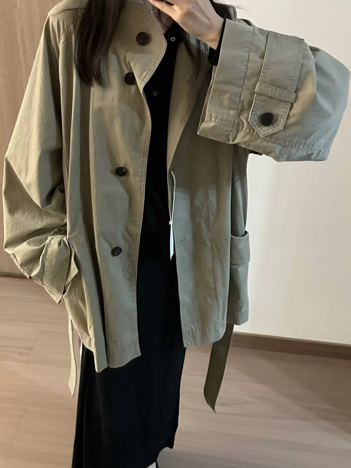 Vintage Style Stand-Collar Belted Utility Jacket in khaki