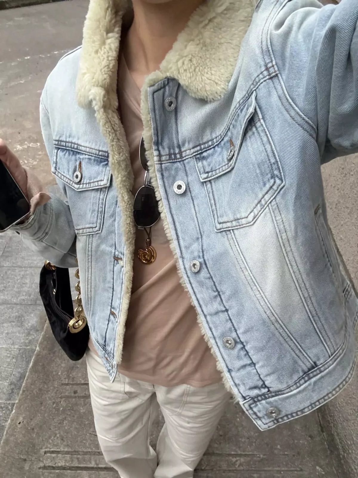 Women's Sherpa-Lined Denim Jacket in light blue — front view