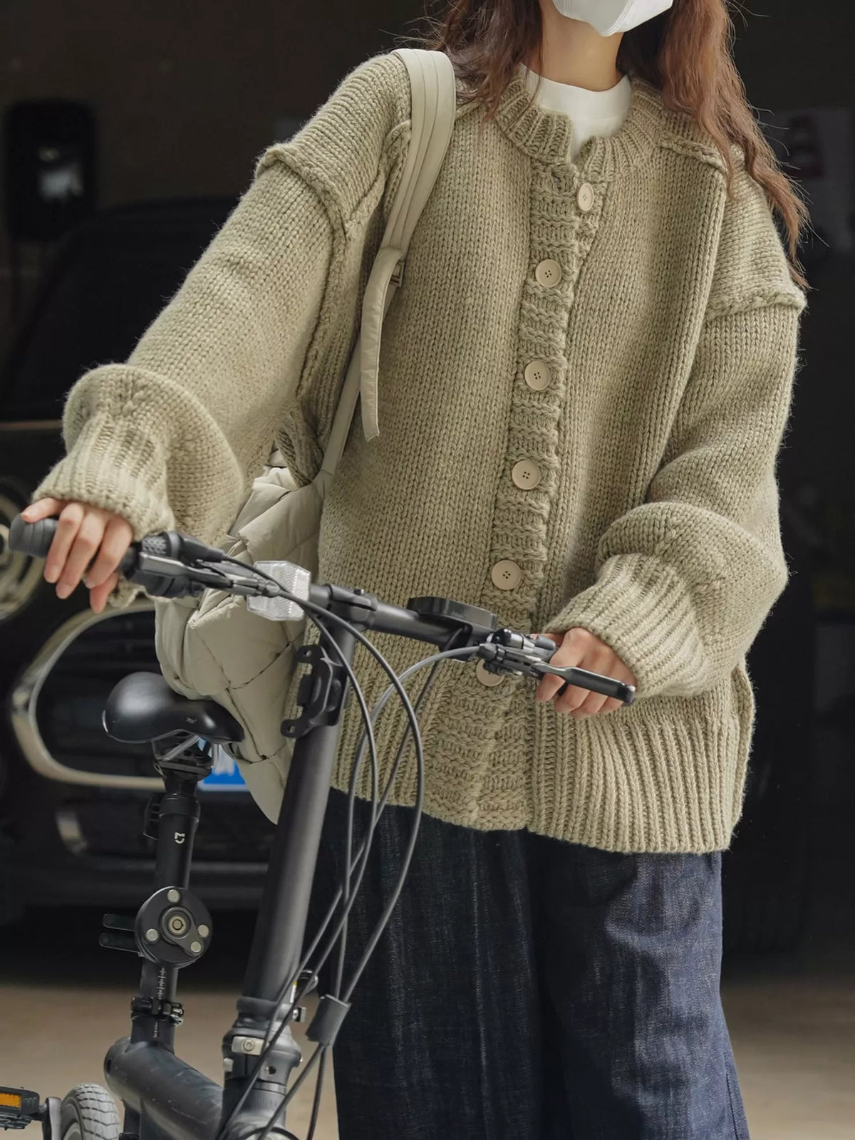 Oversized Chunky Knit Cardigan with Textured Button Placket in green