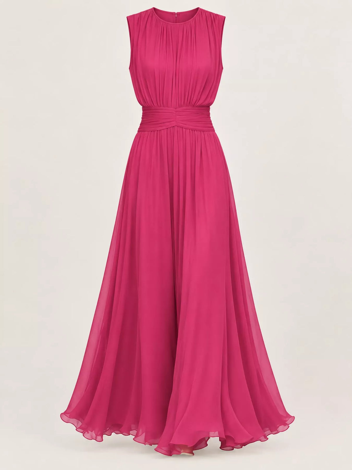 Fuchsia sleeveless ruched chiffon maxi dress, front view