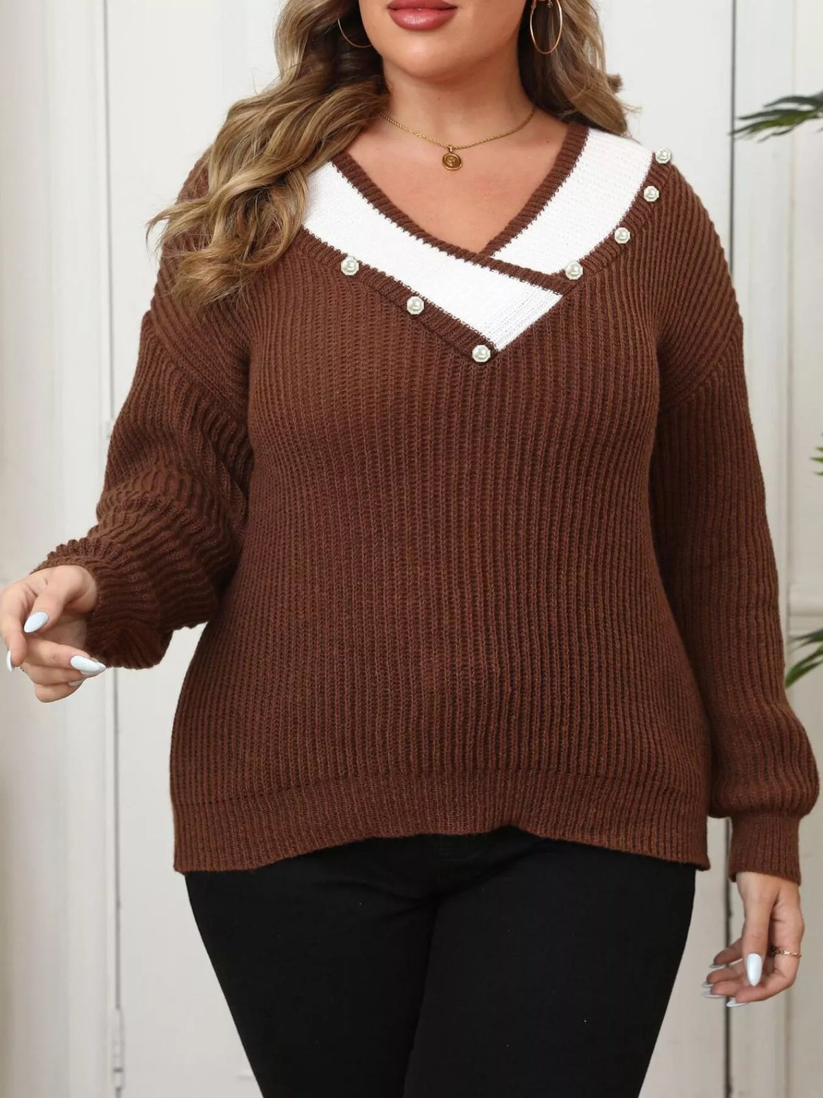 Trendsi Plus Size Contrast Trim Button-Decorated Sweater -