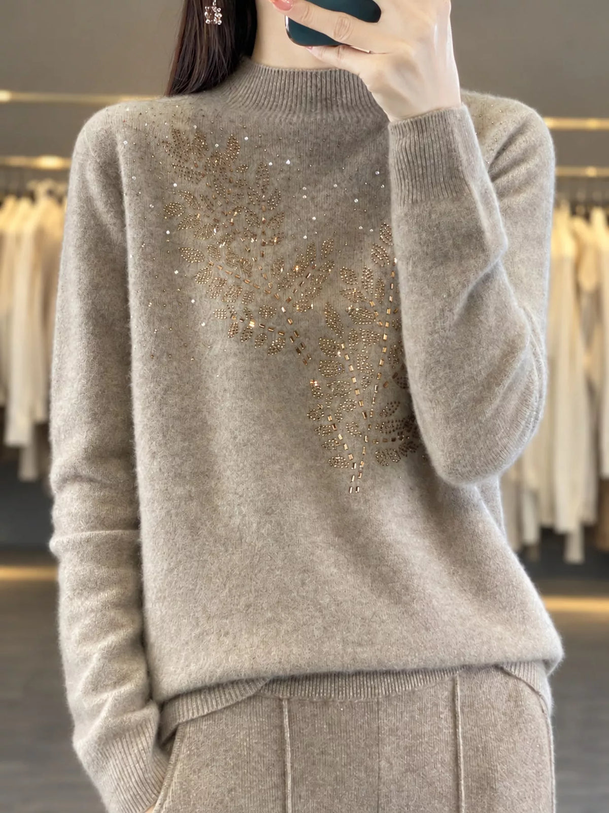 Rhinestone Leaf Mock Neck Sweater — front view