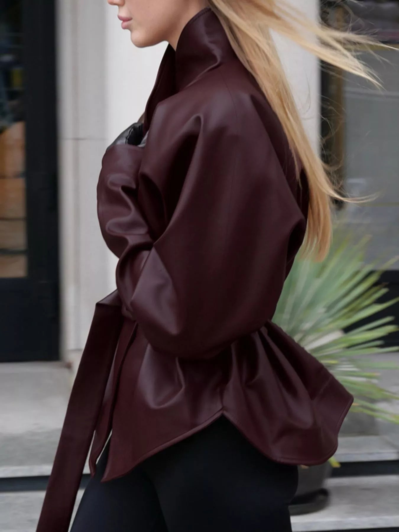 Trendsi Stand Collar Belted Faux Leather Jacket -