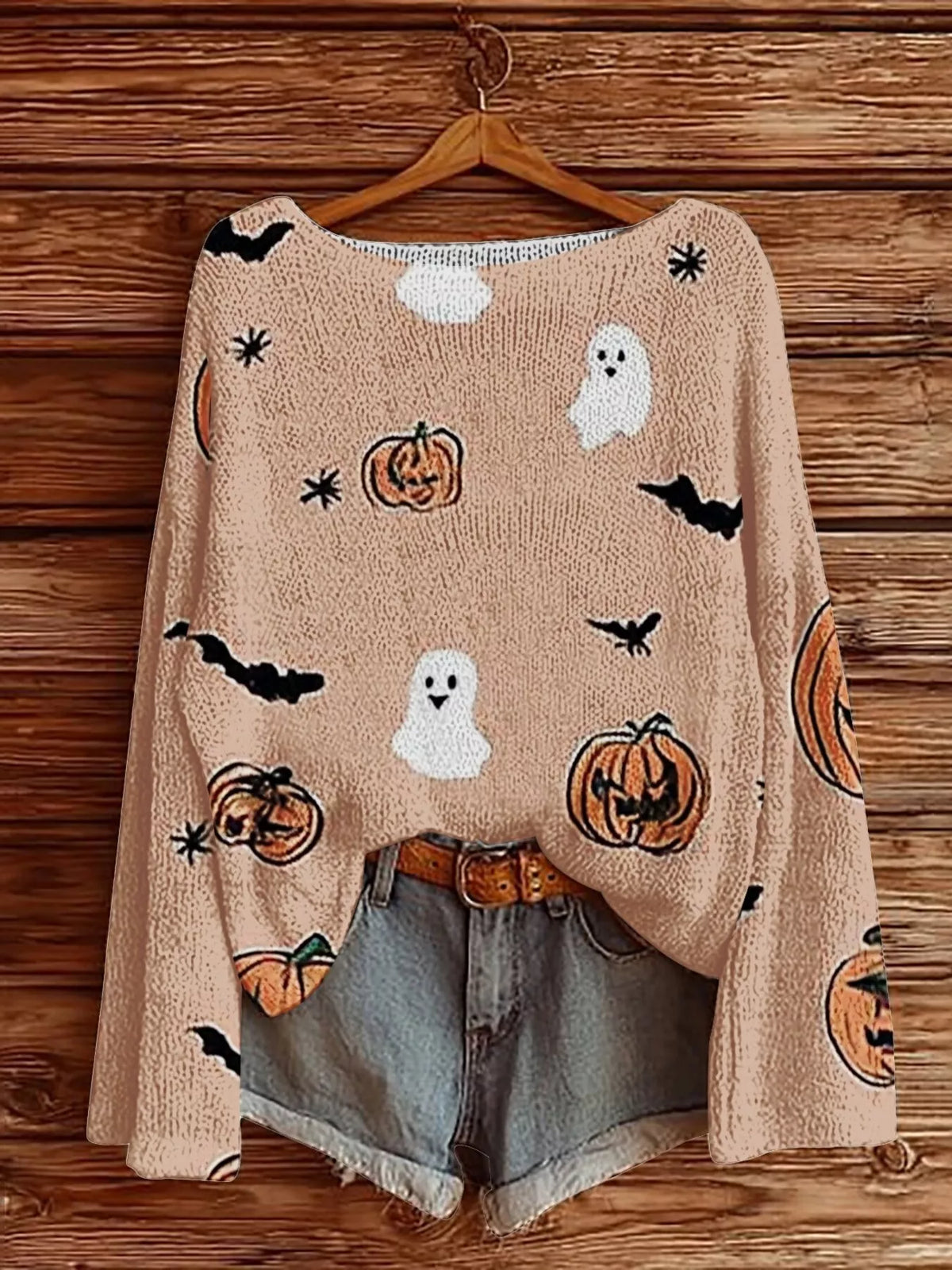 Pale blush halloween-graphic boat-neck sweater