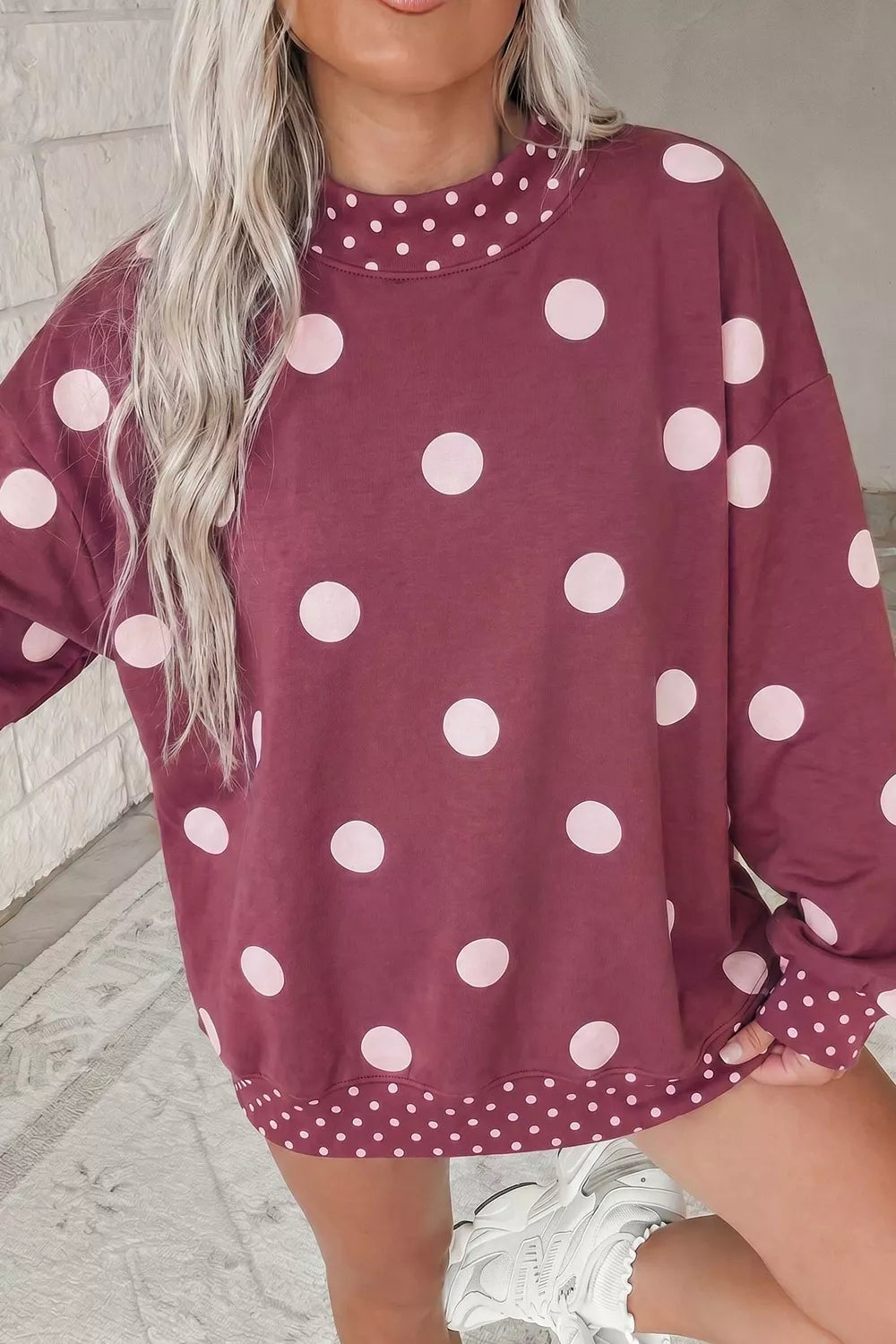 Burgundy polka dot tunic sweatshirt, front view