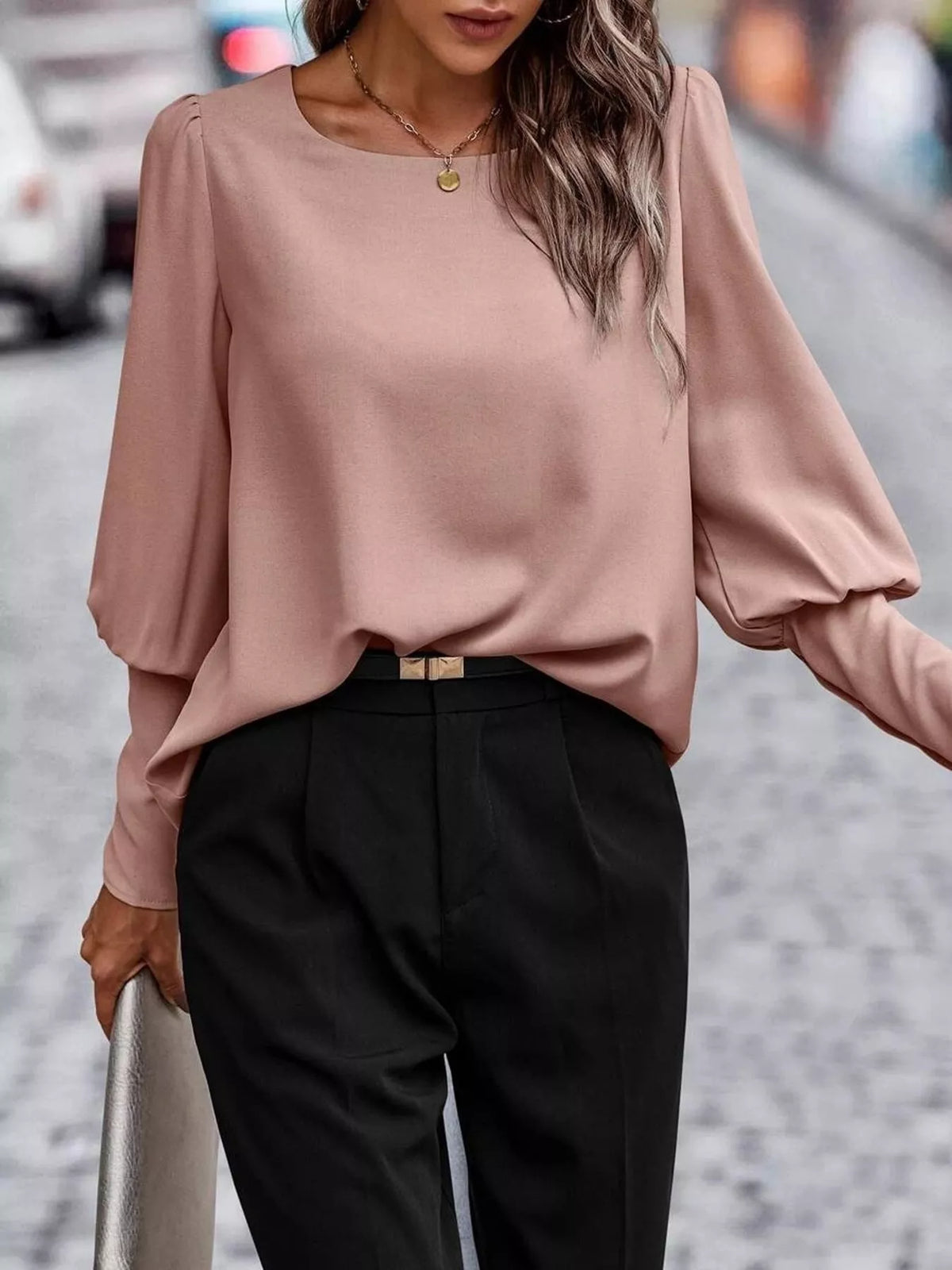 Decorative Button Lantern Sleeve Blouse — front view