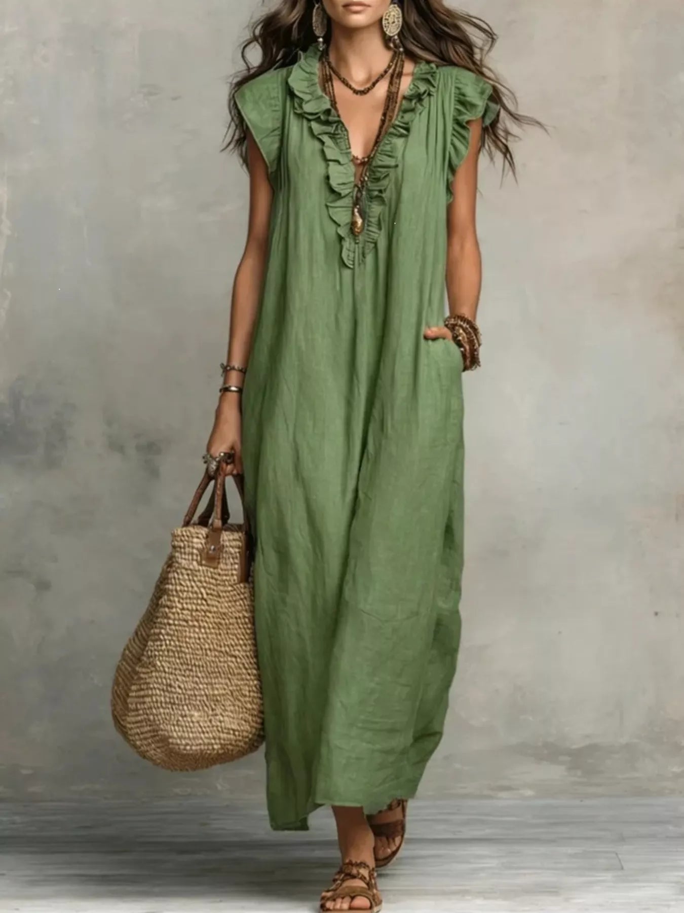 Trendsi Full Size Ruffled V-Neck Cap Sleeve Maxi Dress Plus Size -