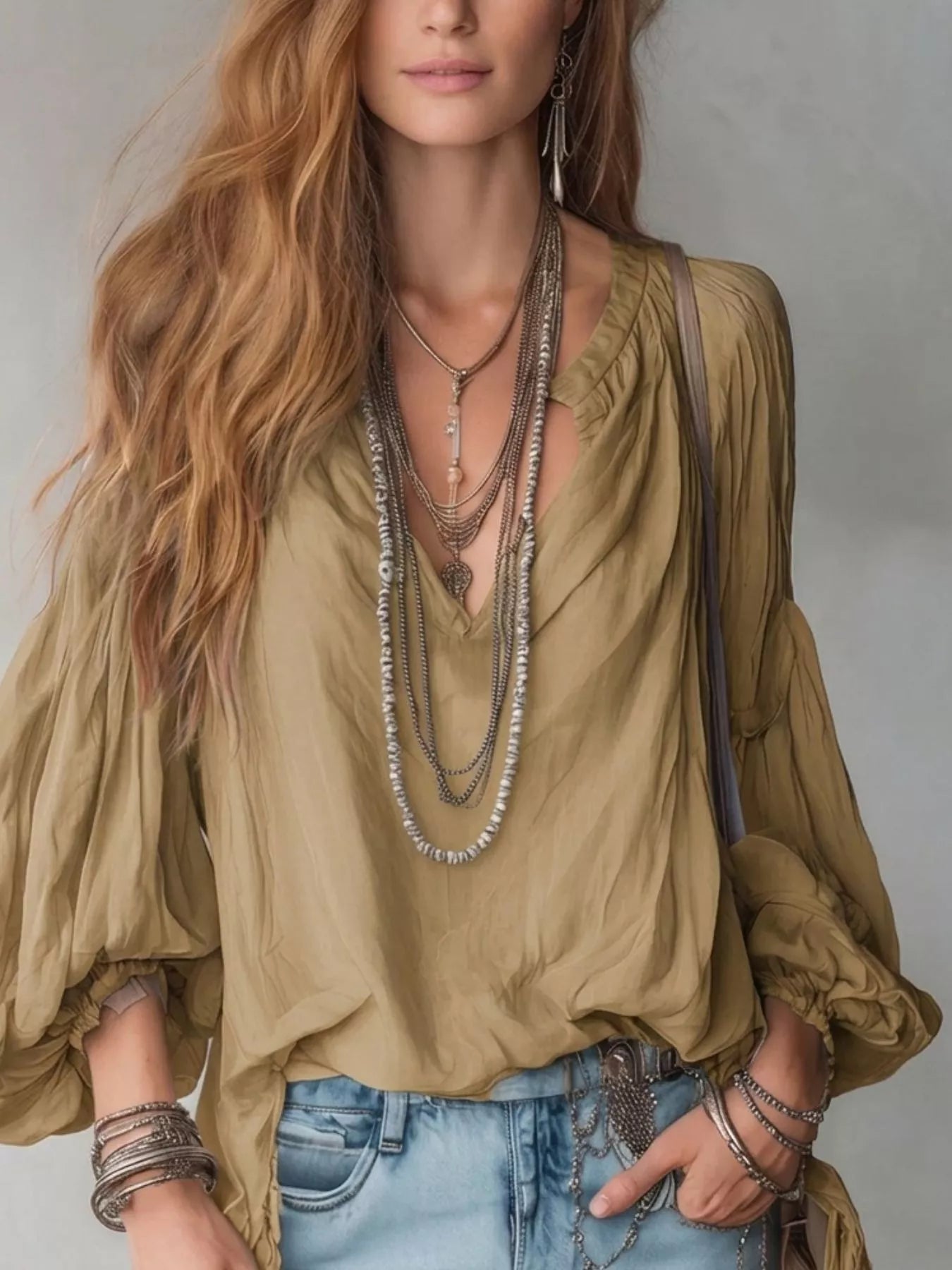 Trendsi Notched Balloon Sleeve Blouse -