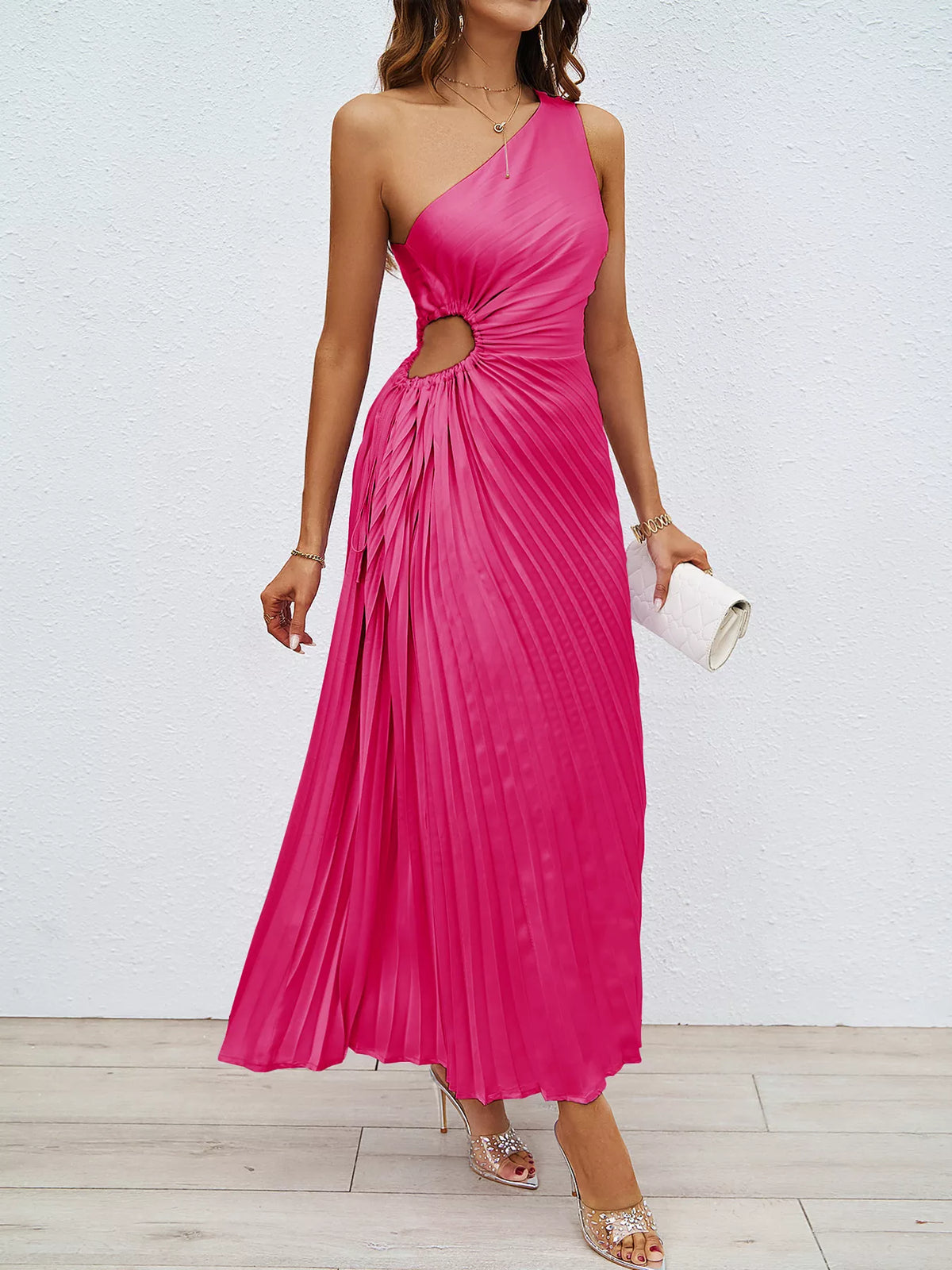 One-Shoulder Cutout Pleated Midi Dress, front view