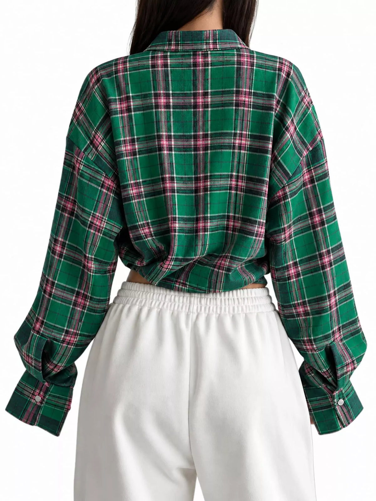 Ocean Green plaid button up shirt, back view