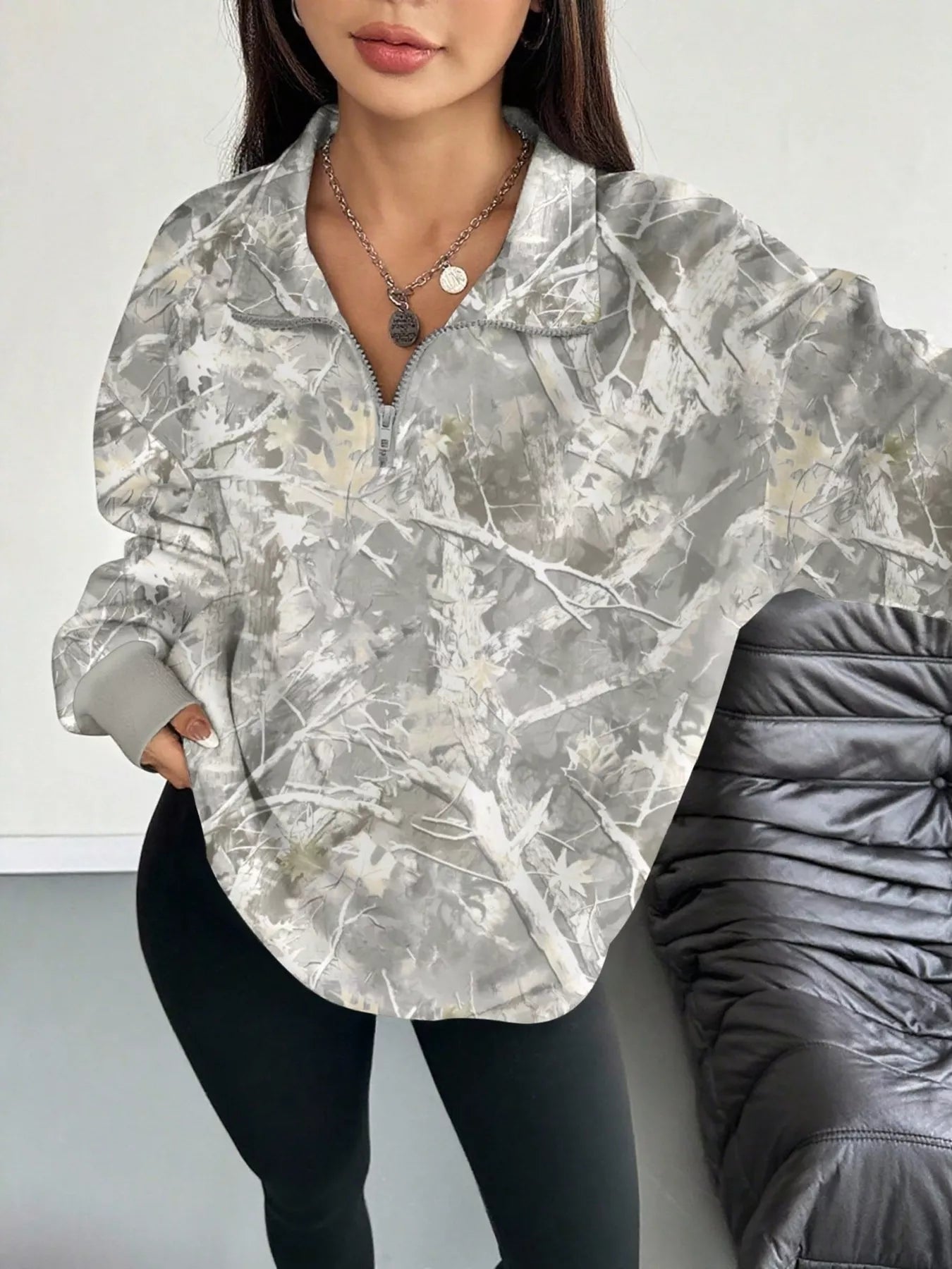 Trendsi Quarter-Zip Printed Sweatshirt with Ribbed Cuffs -