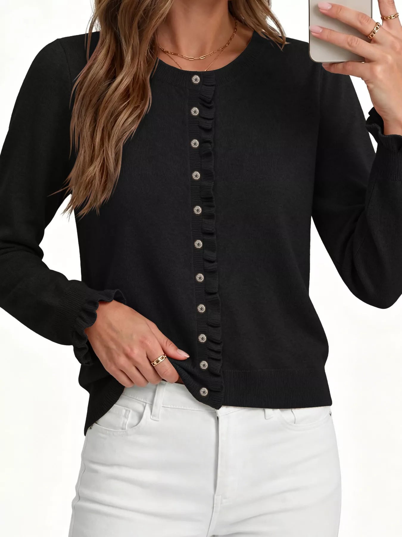 Trendsi Ruffle-Trimmed Button-Down Knit Cardigan -