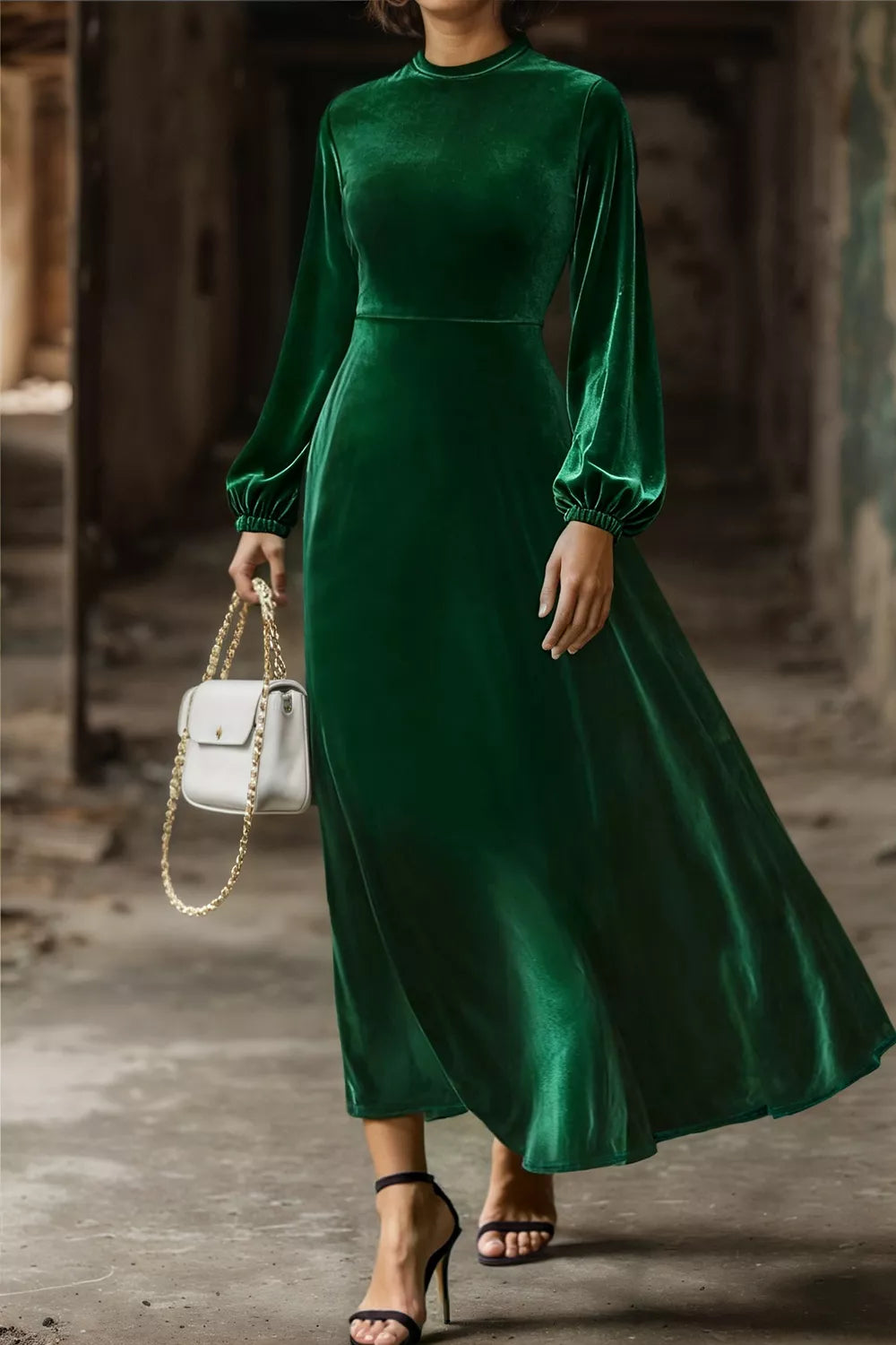 Trendsi Velvet Balloon Sleeve Maxi Dress -