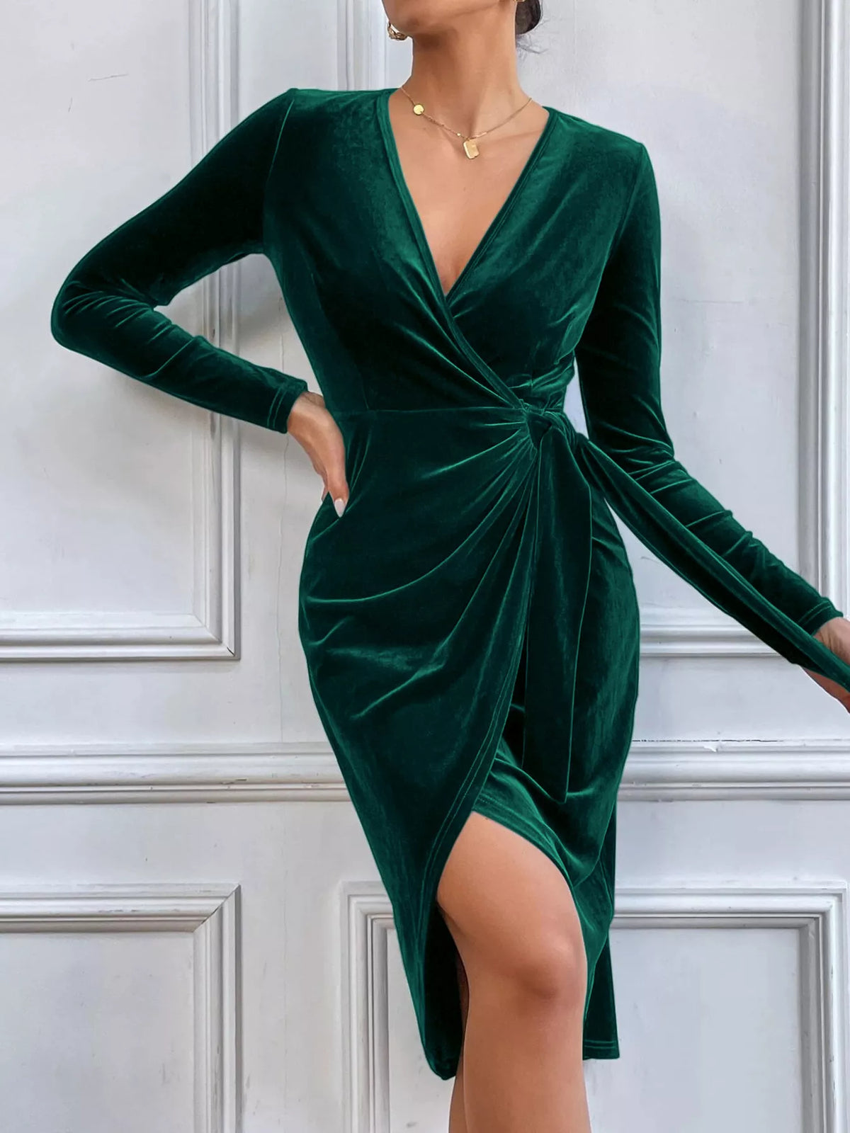 Dark green velvet wrap long sleeve midi dress