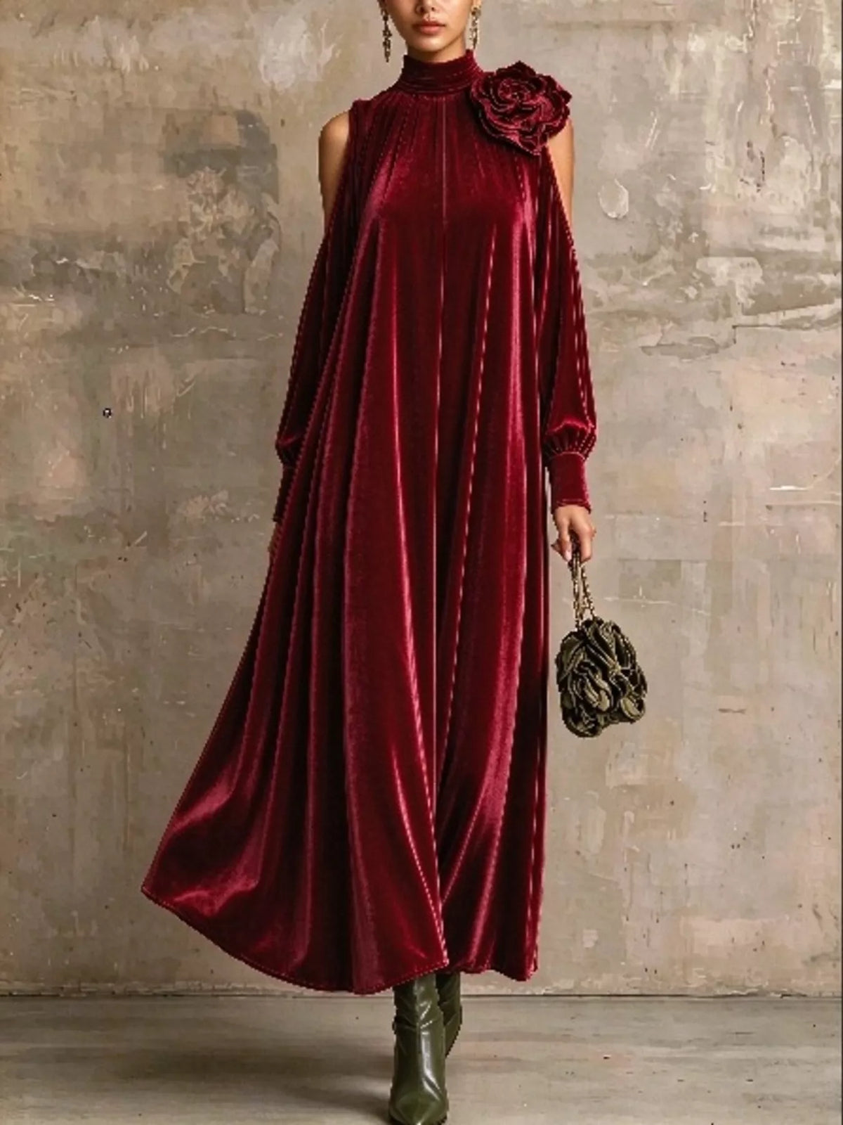 Mock neck long sleeve midi dress, front view on model