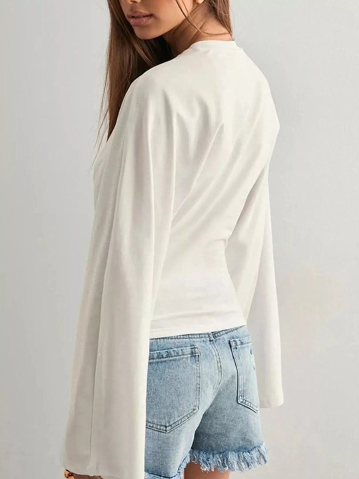 White Solid Long Sleeve Crew Neck Stretch T-Shirt back view